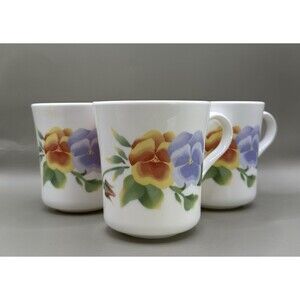 Vintage Corning Ware Pansy Floral Mugs Set of 3 White Ceramic USA
